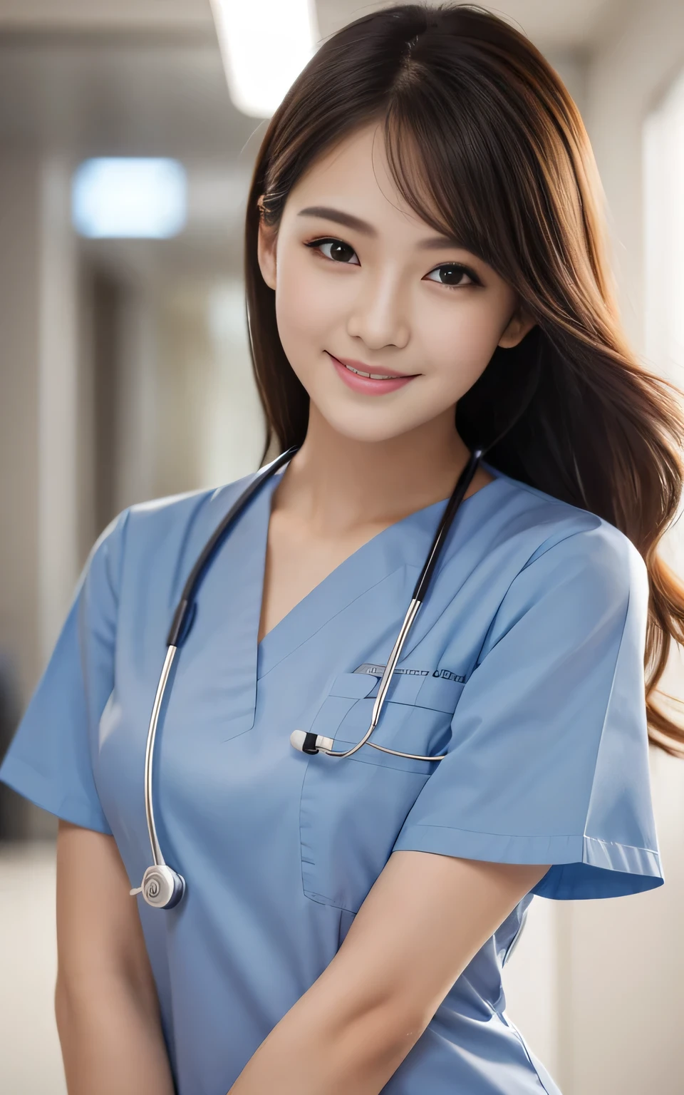 Beauty,  high quality, Complete, In detail, High resolution, 8k wallpaper, whole body, Perfect dynamic composition,  Beautiful attention to detail, Random poses, Charm, Alluring, 20 year's old, round face, nurse, hospital, light smile