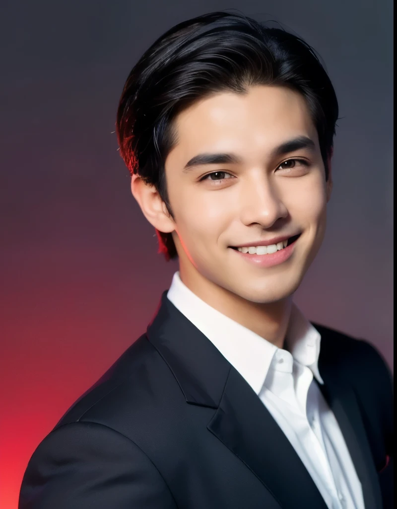 A young man with dark hair and a confident smile. He is dressed in a black blazer over a white shirt. The man is positioned against aqua colour backdrop with a subtle red lighting on the left side. and he posing for Linkedin profile
