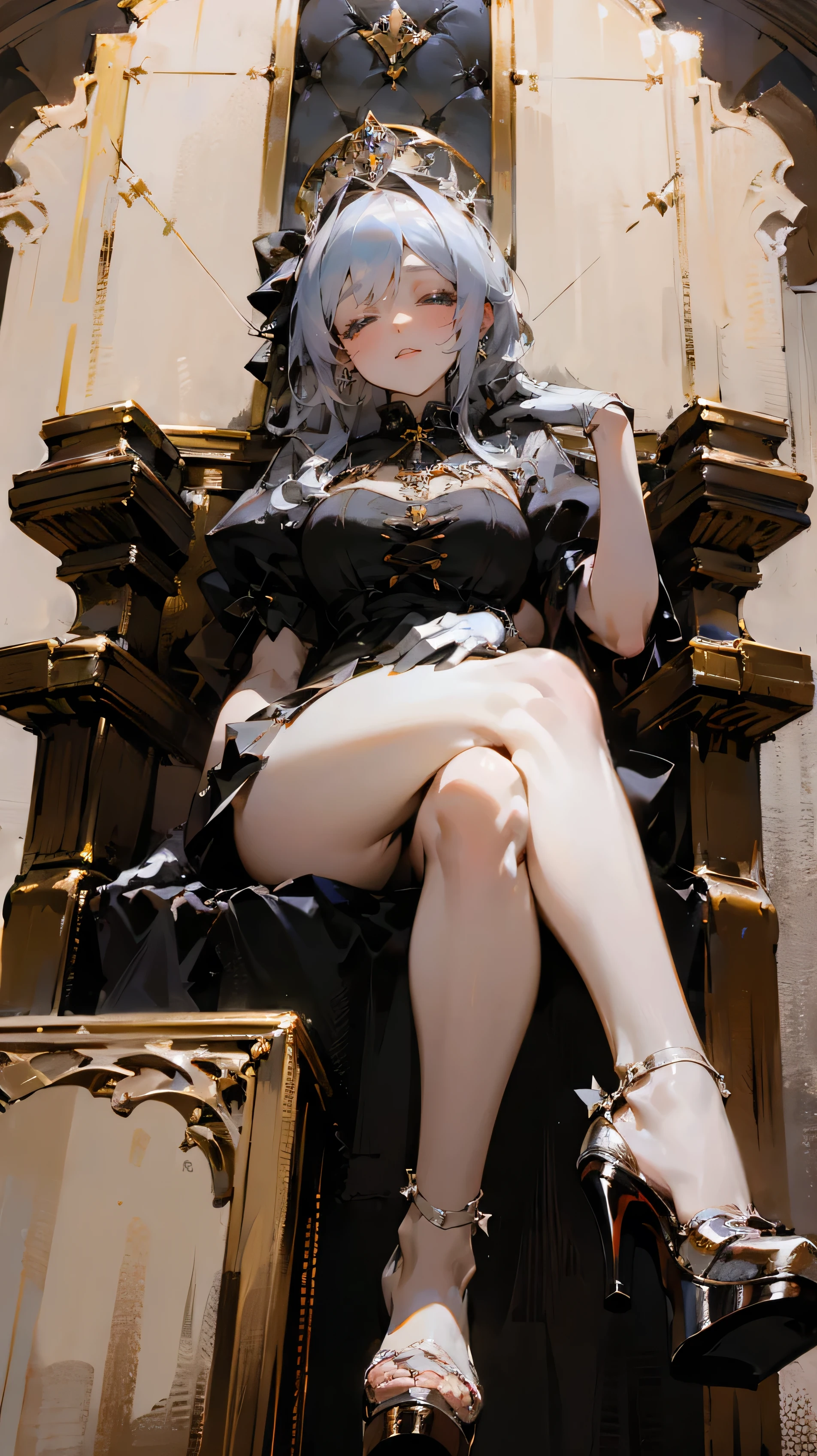 ((best quality)), Very beautiful face，Jewelry Packaging)),((1 Obese girl))From below，Cross your legs，white hair，Platform shoes，Sleeping on the throne，luxury，((Gloves))，（Nikolai Fehin），( Fisher, )，The background is a banquet，luxury，drinks，Lace-up high heels