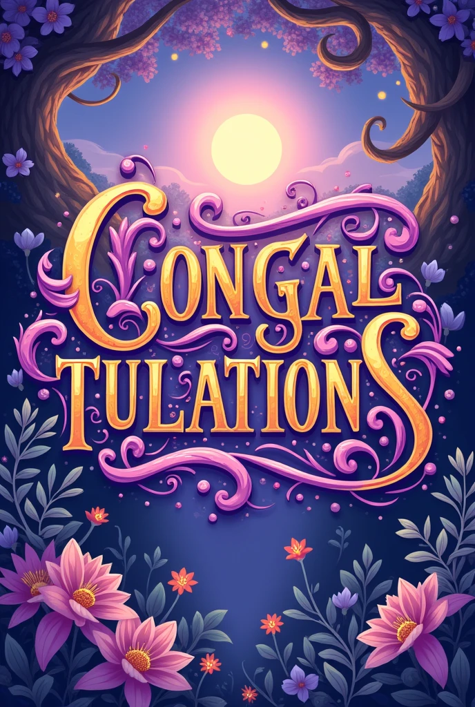A congratulations poster (the size must be a square) with the word "Congratulations" only and the text must look extravagant, the text must be in color lavender, purple with a gold outline. The design must be closely related or similar to the theme in Rapunzel. The artstyle must be 2d and cartoon-like.
