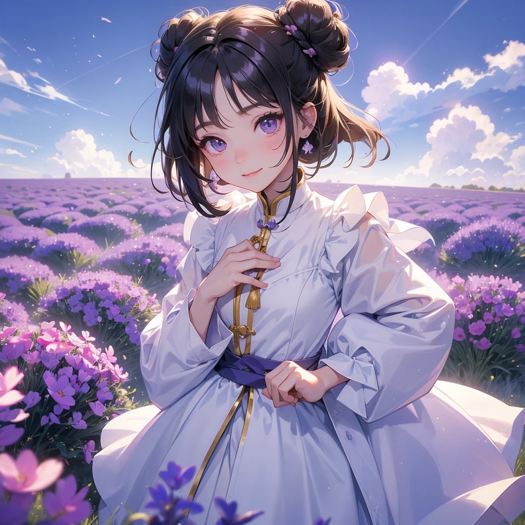 A chibi child girl had a small face and Wearing white little Taoist priest's outfit. A pair of big round eyes shone with curiosity about him. This child was so cute! ,her hair is black with two buns on her hair.small chibi, chibi baby, smiling,The little chibi baby looked up with his chest raised, and his face was old and proud.

Stroll among the purple lavender fields , There are some floating clouds.


