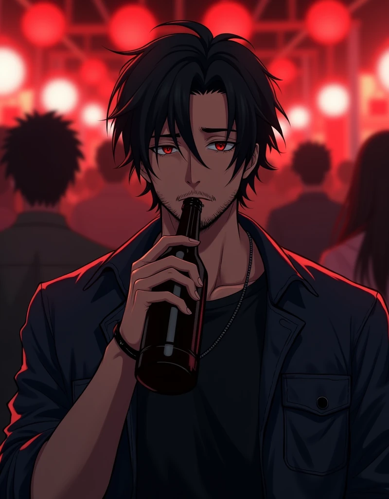 Create a anime style landscape image. Stylized anime style portrait photograph with a dark, moody aesthetic. The layout is vertical, focusing on a single male subject in the center. The man has medium-length, stylish hair that is black color. He has a light to medium skin tone and a thick stylish beard. He is wearing a dark denim shirt over a black t-shirt and is holding a bottle to his mouth, appearing to drink from it. The background is blurred with a reddish hue, featuring indistinct shapes and lights, possibly indicating a crowd or a festive environment. The overall color scheme is dominated by dark reds and blacks, giving the image a dramatic and intense feel.