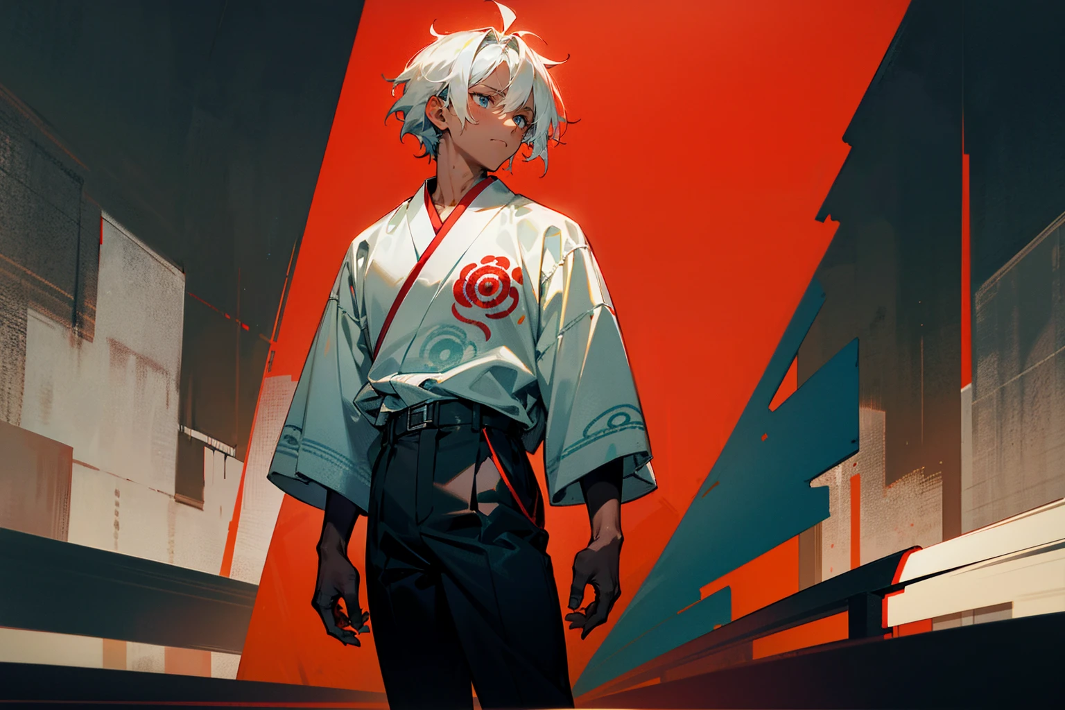 1male , Dark Skin, Modern Undercut Hair , Messy Hair , White Hair , Pale Blue Eyes , Adult Male , Lean Muscular , Black and White Haori with Red and Silver Patterns , Baggy Black Pants with red Swirl patterns , Calm Expression , , Standing, Modern City Background
