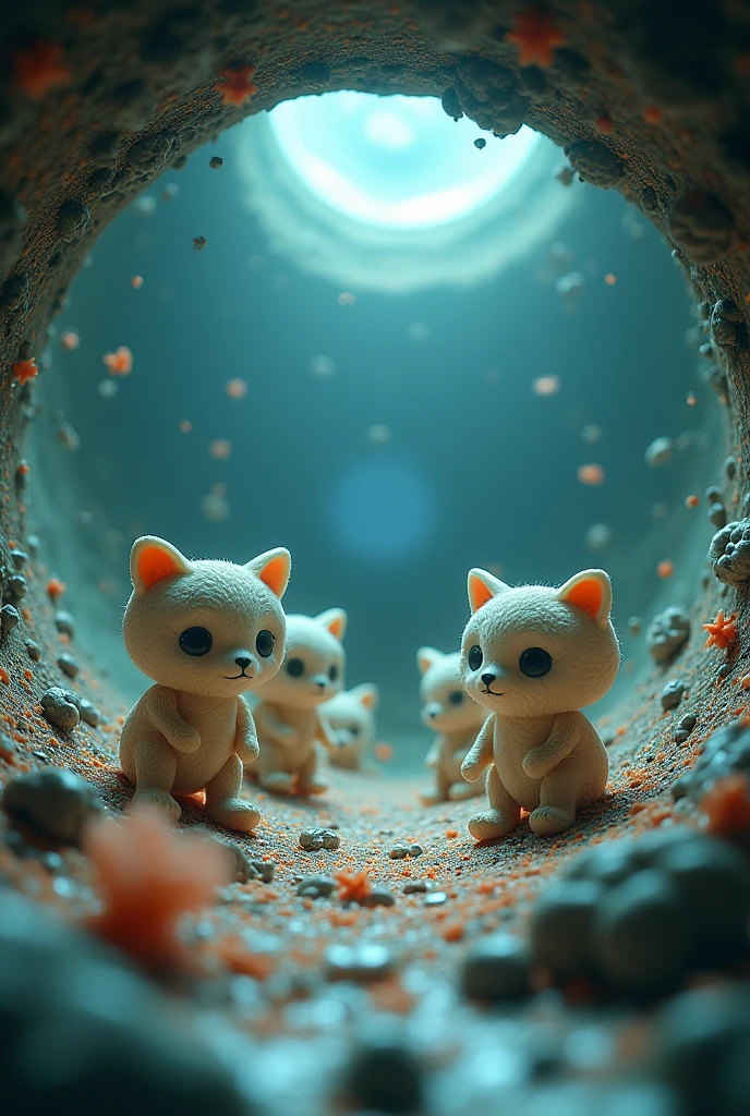 Images captured under an electron microscope show chibi characters trying to convey something, round cropped image, conceptual installation art, (ultra detailed, absolutely resolution, best quality:1.3), 2.5D, delicate and dynamic effects, artistic, hyper, graphic CG digital fantasy art