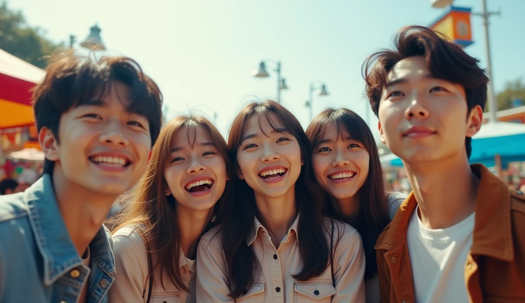 Two Japanese male and three female university students dressed in fashionable clothes are looking into the distance with cheerful expressions at an amusement park,Excited, Photo of your face, Amusement park in the background, with a natural look, With a slightly tired look, tilt your face a little, Diagonal orientation, Average face