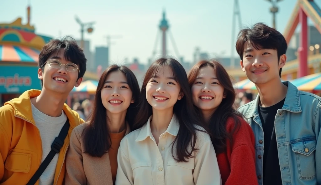 Two Japanese male and three female university students dressed in fashionable clothes are looking into the distance with cheerful expressions at an amusement park,Excited, Photo of your face, Amusement park in the background, with a natural look, With a slightly tired look, tilt your face a little, Diagonal orientation, Average face