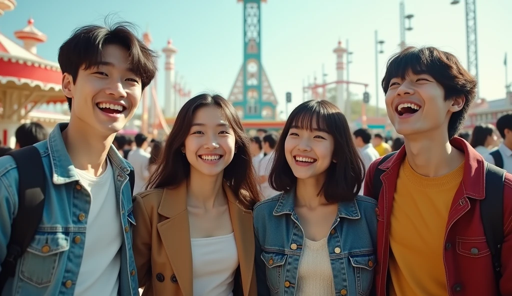 Two Japanese male and three female university students dressed in fashionable clothes are looking into the distance with cheerful expressions at an amusement park,Excited, Photo of your face, Amusement park in the background, with a natural look, With a slightly tired look, tilt your face a little, Diagonal orientation, Average face