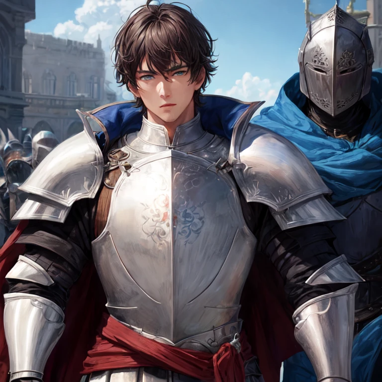 Handsome tall and strong man in knight armor with black-brown hair and blue eyes against the background of a knight&#39;s camp in a field near a forest masterpiece high details UHD super detail accurate best quality
