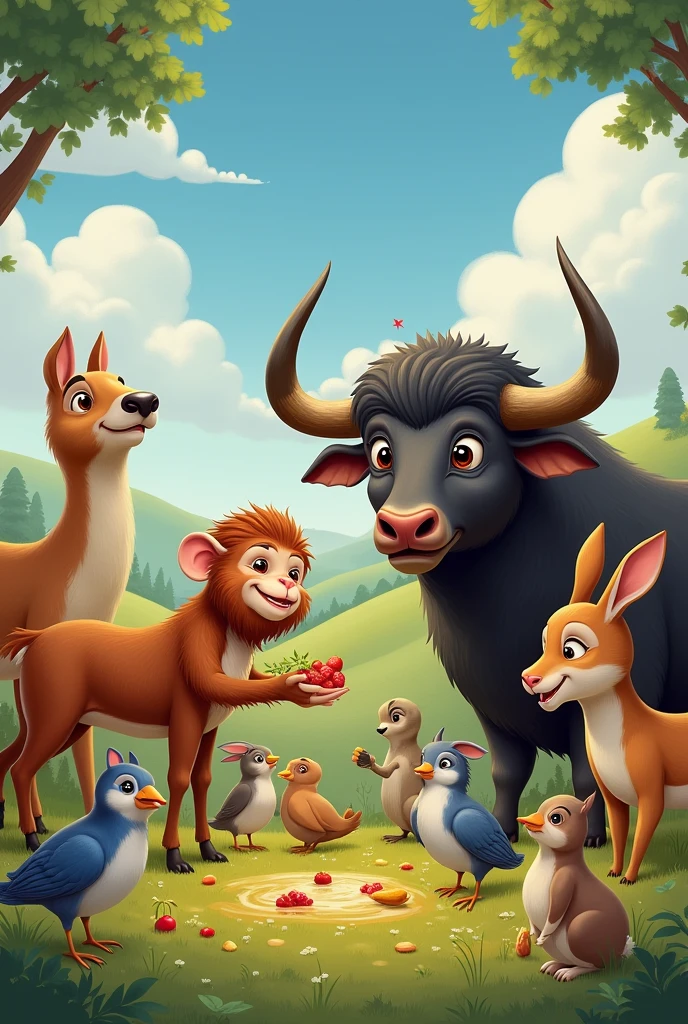 Helping the Animals
Show the monkey and buffalo sharing fruits and water with other animals like deer, birds, and rabbits. The animals look happy and grateful.