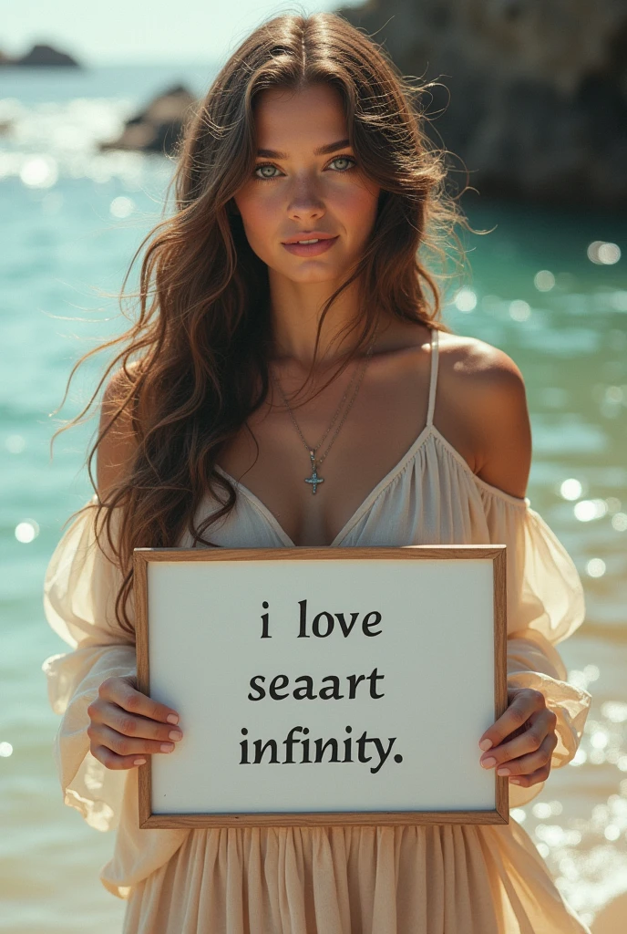 Beautiful girl with wavy long hair, bohemian dress, holding a white board with text "I Love Seaart Infinity" and showing it to the viewer