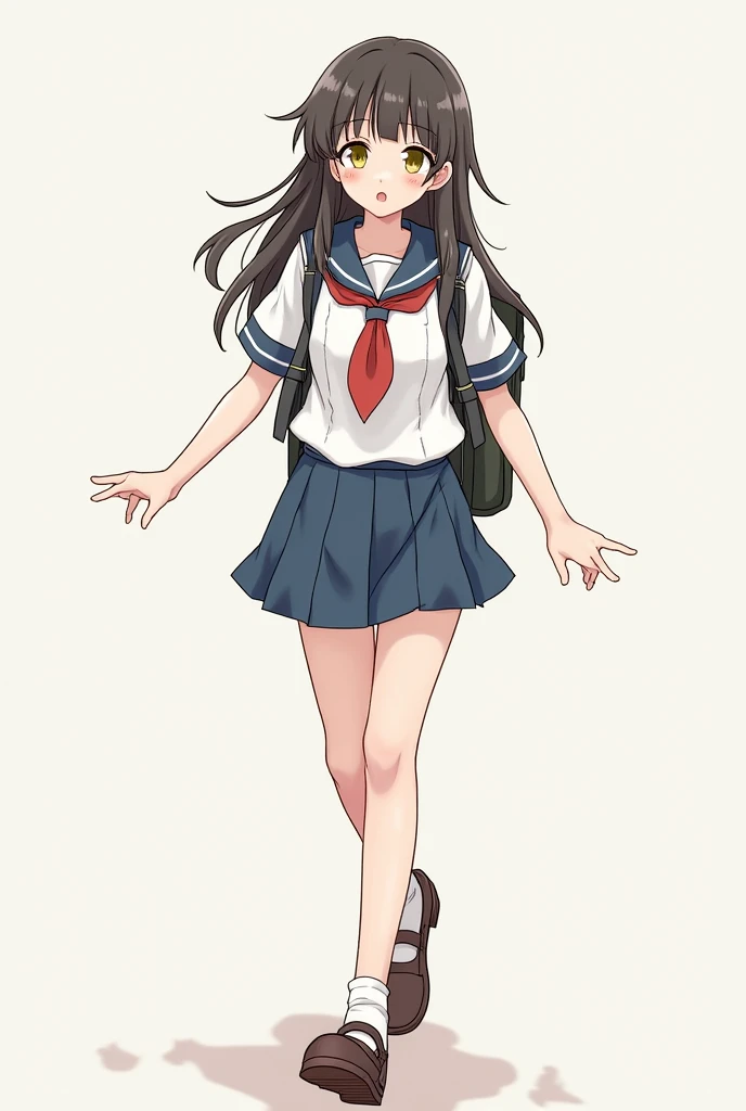 Draw a high school girl wearing a short skirt on her way to school when suddenly her panties fall down her legs.