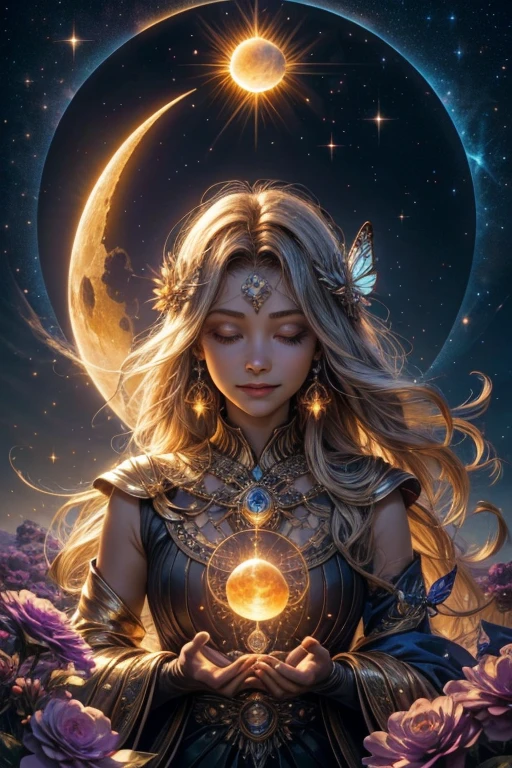 Orb of magician circle around the orb, hand, butterfly, creepy smile, sparkle sky, shining, gust of wind, light flowers, sun and moon, dark light of fantastic and cosmological with universal. Amazing view very bright and warm starry. Detail, HD, Enchanted. Multiple colours.