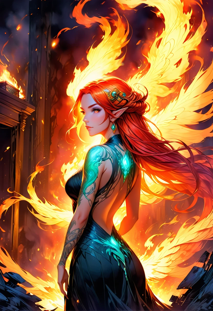 watercolor art, fantasy art, goth art, a picture of a tattoo on the back of a female elf, a glowing tattoo of a ((phoenix: 1.3)) on the elf's back, the ((phoenix tattoo)) is vivid, intricate detailed coming to life from the ink to real life, ((fire surrounds the phoenix: 1.5)), shoot taken from the back, ((the back is visible: 1.3), a most beautiful elf, exquisite beauty, small pointed ears, long hair, she wears a transparent black dress, the dress is elegant, flowing, elven style, that the tattoos glow, dynamic hair color, dynamic hair style, rpg portrait