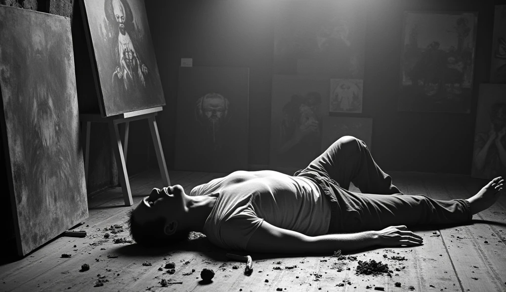a newspaper picture of a man dying horribly in a room full of paintings. black and white background
