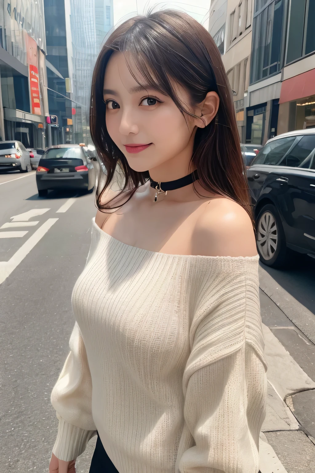 masutepiece, Best Quality, Illustration, Ultra-detailed, finely detail, hight resolution, 8K Wallpaper, Perfect dynamic composition, Beautiful detailed eyes, doress,Medium Hair, mid-chest, Natural Color Lip, Random and sexy poses,Smile,Aoyama Street Walk、20 years girl、Colossal 、Too much exposure、No shoulder knitwear(shuicolor)、Exposing the chest、Slid、Choker with chain, Large Breasts, Slim body,