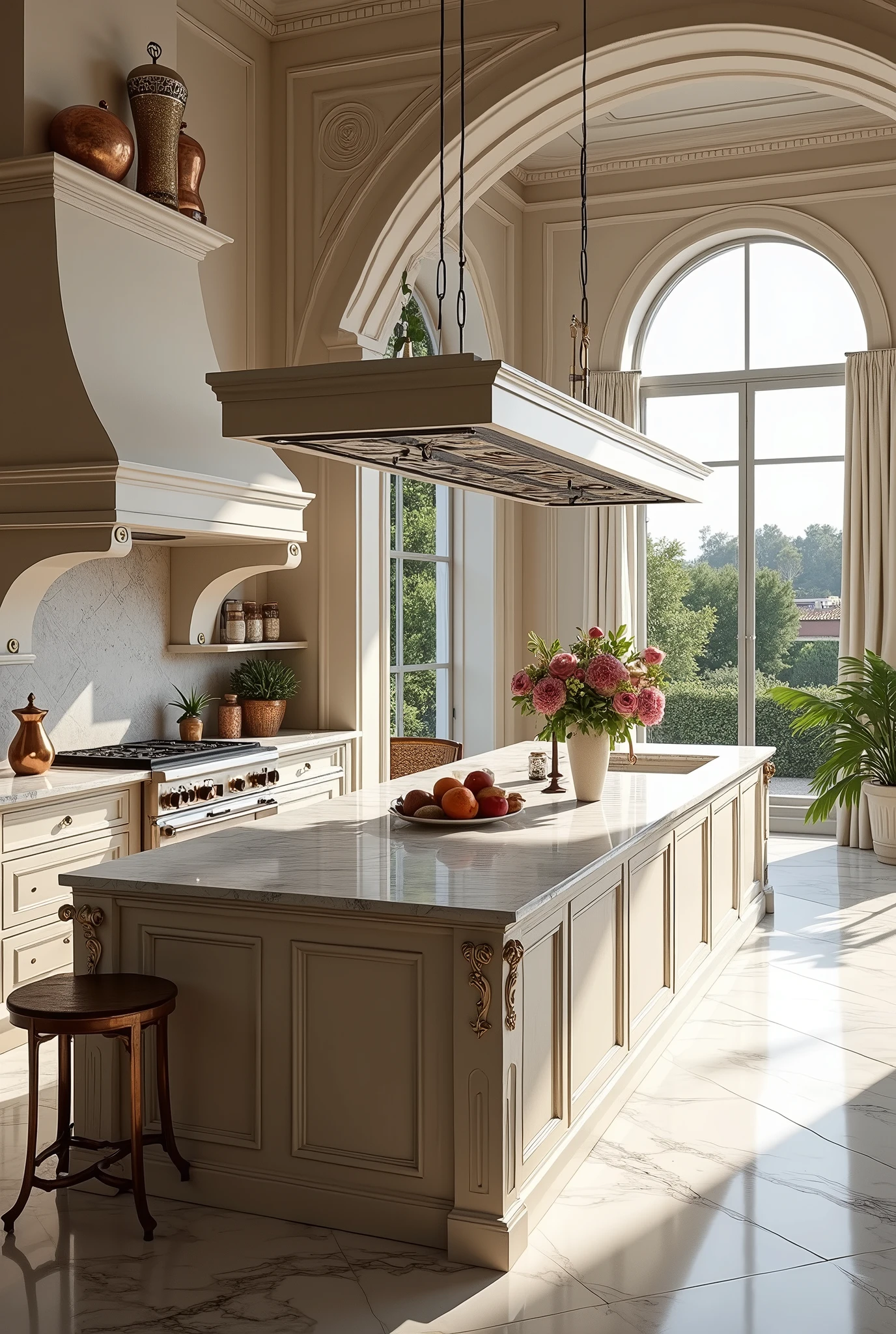 (masterpiece:1.2, Highest quality, Ultra-high resolution, Very detailed, Realistic, RAW Photos:1.2, Elaborate photos), 8k, wallpaper, (Ray Tracing), French Riviera mansion, (Spacious kitchen with marble countertops, Central island with bar stools, Professional-grade appliances, Copper pots and pans hanging from a rack, Shelves with spice jars, Fresh herbs in pots, Bright breakfast nook with a round table set with fine china, Views of the garden), A photo that embodies the perfect blend of luxury and functionality in a kitchen, with elegant kitchenware, a vase of fresh flowers, a fruit bowl, and small decorative items adding warmth and detail to the scene.