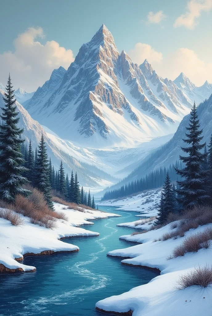 Chalk drawing of a snowy mountain and a flowing river