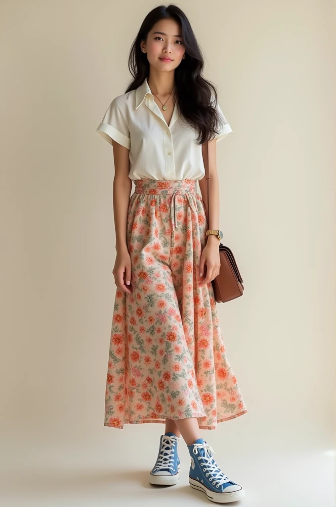 Generate an image of a beautiful asian malaysian hijab girl, wearing a beautiful light blouse and a floral light skirt, wearing a watch and some accessories and necklaces, wearing a pair of high cut blue converse, and holding a cute shoulder bag.