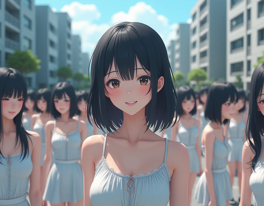 (((((Japanese Clone girls=Myself)))))), (((best masterpiece Clone girls Raw Photography Art))), (16K, Highest quality, Ultra-high resolution, RAW Photos), (((Unrealistic, Unparalleled depiction, An unbelievable sight, Unprecedented and shocking, In a world where myselves are multiplied, Ultra-realistic))), (((Japanese, woman, 26yo, Sasaki Nozomi))), (Small face, ((Thick black hair, Semi-long hair))), ((V-neck short-sleeve dress)), (((((Very beautiful detailed girls, Accurate body structure, Very detailed完璧な, A super busty body with very large breasts, Great proportions, super big breasts, Big, voluptuous breasts, The cleavage is very plump and emphasized))))), (((Dark Eyes, Mature face, Cute Smile, A gentle gaze, ((Very happy laughter))))), ((((((((Very detailedcloning描写, ((1girl→cloning→1,000,000,000,000,000,000,000,000girls)))))))))), ((((((((Very detailed, The precise depiction of the double, ((With the exact same female body, With the exact same face, With the exact same hairstyle, In the exact same clothes, At the exact same height, The same exact super big boobs)))))))))), (((Myself only))), (((100,000,000,000,000,000,000,000,000,000,000,000,000,000,000Myself))), (Beautiful poses to raise the actress&#39;s consciousness, Cleavage Emphasis), (((Walk freely))), (((Very detailed, Myself and each other, hug, Back to Back, Myself big collection, Fun conversation with myself, A happy conversation with myself, Kiss Myself Everywhere, Doting on Myself, Myself holding hands))), (Free pose), (Sexual seduction), (((Unbelievably crowded, Close contact between transcendent selves, Countless &quot;myselves&quot; completely surround me in 360 degrees))), (Bright and soft sunlight), (((super wide view, Very wide field of view, Very detailed, Detailed ultra-perspective depiction with clear depth))), (((Flat and gently undulating terrain, ((Slope)), The countless &quot;myselves&quot; filling the city&#39;s boulevards and scramble intersections continue to grow infinitely, reaching beyond the horizon))), (Focus on the center of the group), Myssels overflow from the building&#39;s entrance and underground exit.