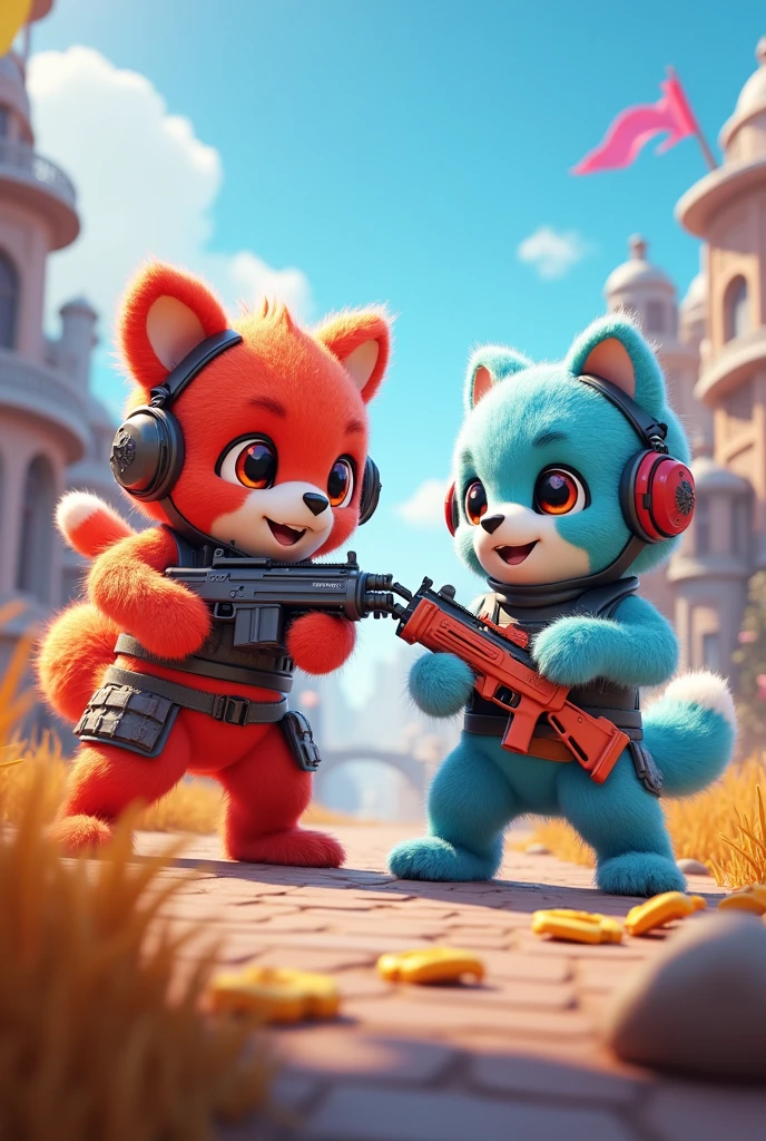 Image of two furry creatures ,colorful and cute playing free fire with helmet vest and weapons, one bright red and the other light blue,both female