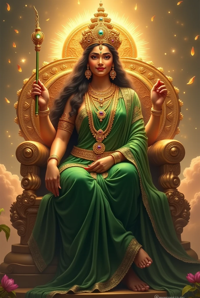 "Create an ultra-realistic image of Supreme Goddess Lalitha, depicted in her divine splendor. She should be adorned with radiant, golden skin that glows with an ethereal light. Her face should be exquisitely beautiful, with large, compassionate eyes full of wisdom, a finely sculpted nose, and full, serene lips in a gentle, regal smile. Her long, dark hair should flow elegantly, adorned with a richly designed crown set with precious gemstones.
Goddess Lalitha should be dressed in a stunning green saree, richly embroidered with intricate patterns and divine symbols. The saree should drape gracefully, highlighting her divine form. She should be seated on a large, magnificent Chinthamani throne, intricately carved and embellished with glowing gems, symbolizing the wish-fulfilling jewel.
In one of her hands, she should hold an exceptionally long sugarcane stalk, symbolizing sweetness and abundance. Her posture should exude grace and authority, with the throne adding to her regal presence. The background should feature a celestial atmosphere with a soft, golden glow and subtle divine elements like lotus petals or clouds, enhancing the overall divine and majestic aura. The image should capture the essence of Supreme Goddess Lalitha’s beauty, power, and grace in an intensely realistic and detailed manner."