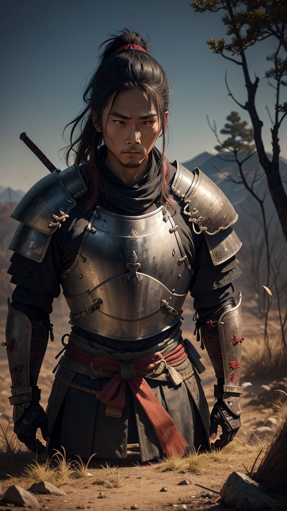 A samurai in armor hangs his head on a burnt battlefield　A broken arrow is stuck in his body　Holding a broken sword, looking out over the wilderness　I feel a sense of defeat