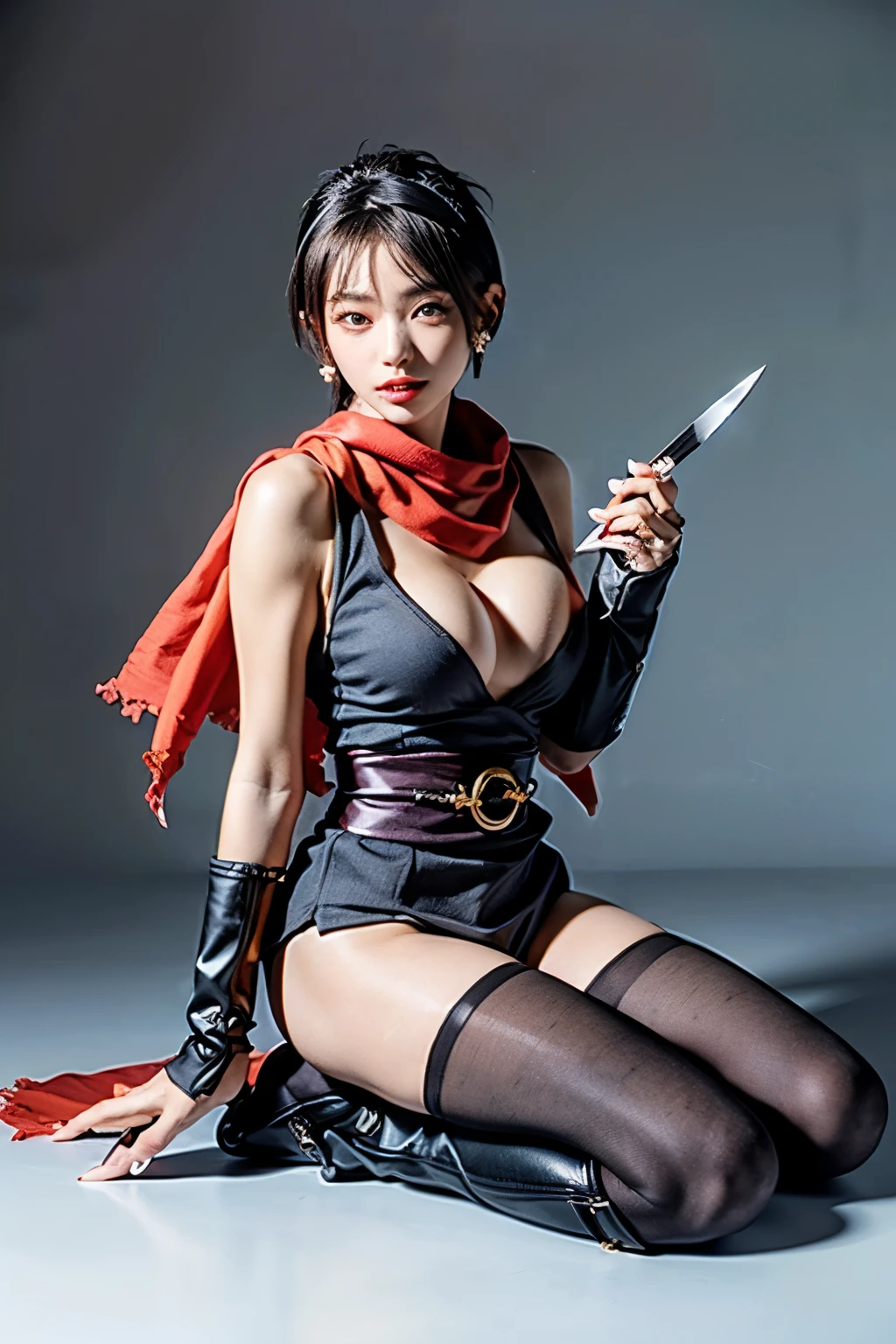 (RAW shooting:1.2, Photoreal:1.5, 8k:1.2, highest quality:1.2, masterpiece:1.2, ultra high resolution:1.2), (perfect dynamic composition:1.2, Highly detailed skin and facial textures:1.2,beautiful and aesthetic:1.2, full body:1.2, Fair skin:1.2), (large breast:1.4, Chest gap:1.4), (perfect limbs:1.2), (perfect fingers:1.2),(1girl:1.2,tall:1.2,sexy:1.2,asian:1.2,glamour:1.2,makeup:1.2),(sitting:1.2,chair:1.2,legs together:1.2),(earrings:1.2),(ragnarok_ninja:1.2),(red ninja scarf:1.2),(black short hair cut:1.2),(hairband:1.2),(double eyelid:1.2),(sash:1.2),(knife:1.5),(simple background:1.2),(thigh tights:1.2),(ninja boots:1.2),