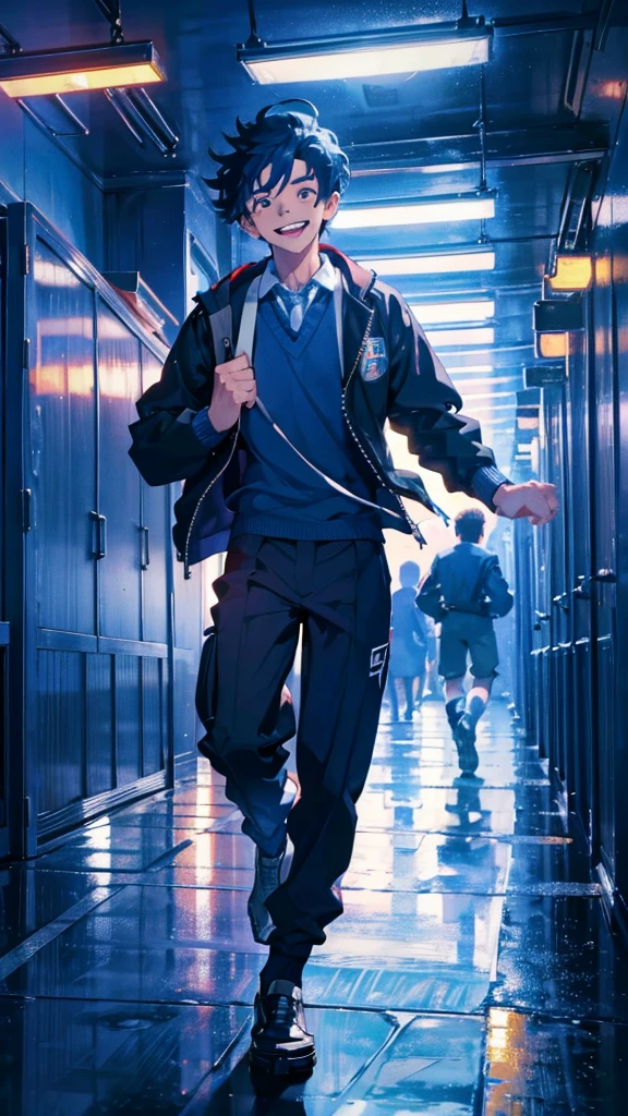 Running around, boy, Ultra-high resolution, Highest quality, High resolution, school uniform, School corridor, Middle school students, male, One boy, dark blue hair, grin, Surrealism, cinematic lighting, 8K, UHD, super detail, best quality, highres, 16k