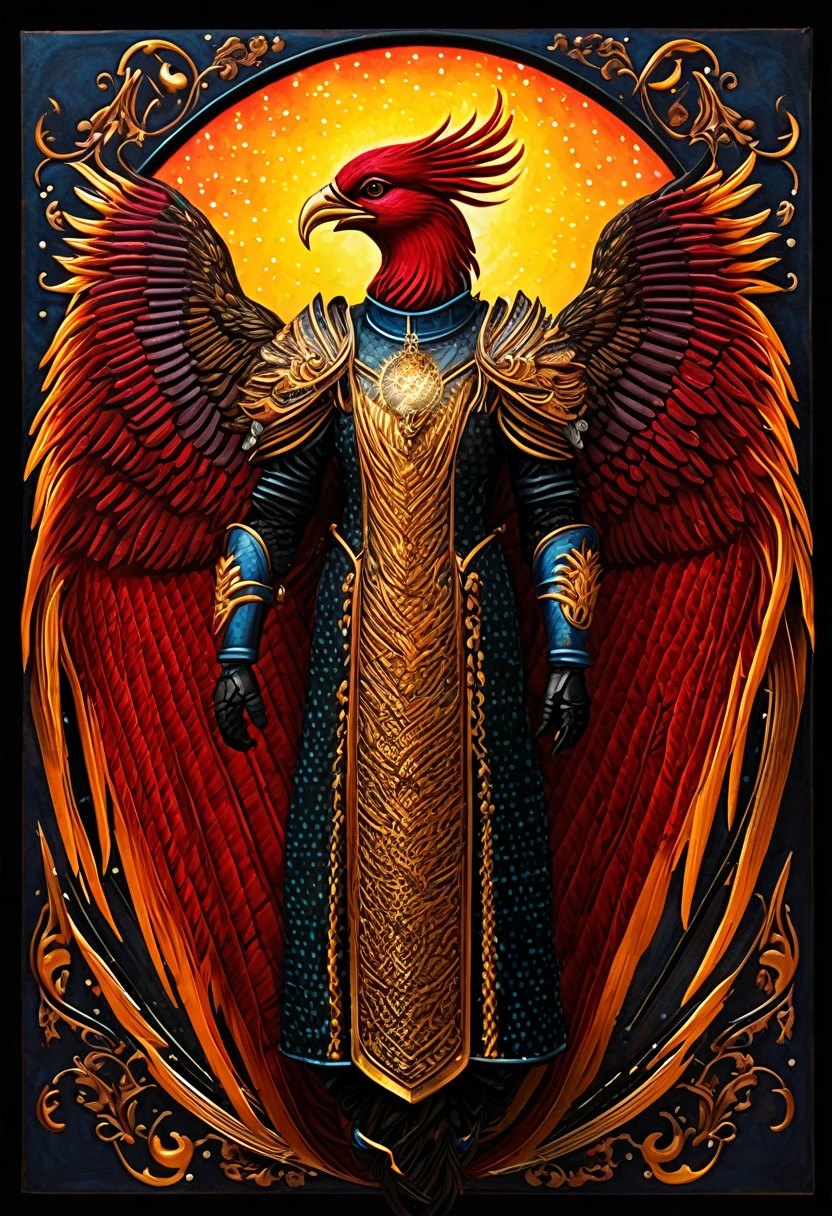 ((top air view)) phoenix keeper, fireproof suit with a golden phoenix emblem, fire cage with obsidian bars , crimson sunset, created ((in the style of Albrecht Altdorfer)), Renaissance, pin-dot art,((oil painting knife)), rainessanse older gradient, Complex details, intricate, aesthetics, ((best quality, Masterpiece)),
((Highest detail), Octane rendering, 8K