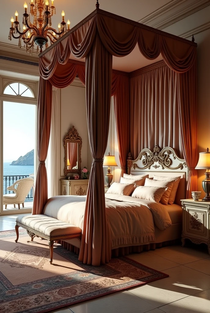 (masterpiece:1.2, Highest quality, Ultra-high resolution, Very detailed, Realistic, RAW Photos:1.2, Elaborate photos), 8k, wallpaper, (Ray Tracing), French Riviera mansion, (Luxurious master bedroom with king-sized canopy bed, Rich fabrics and textures, Silk bedding, Antique bedside tables with elegant lamps, Ornate rug, Private balcony with ocean views, Elegant decor with French accents, Chandelier casting a soft glow), A photo capturing the opulence and comfort of the master suite, featuring a cozy reading nook, a dressing area with a mirrored vanity, decorative vases, and framed photos, all contributing to a personalized and luxurious space.