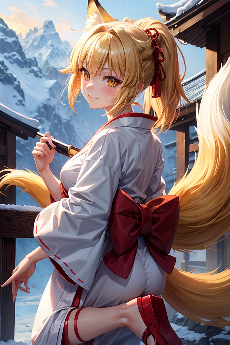 kitsune, girl, kunou DxD, closed mouth, smile, blush, yellow eyes, blond hair, short hair, ponytail, fox ears, fox tails, miko, white kimono, red hakama, sandals, small breasts, snow mountains