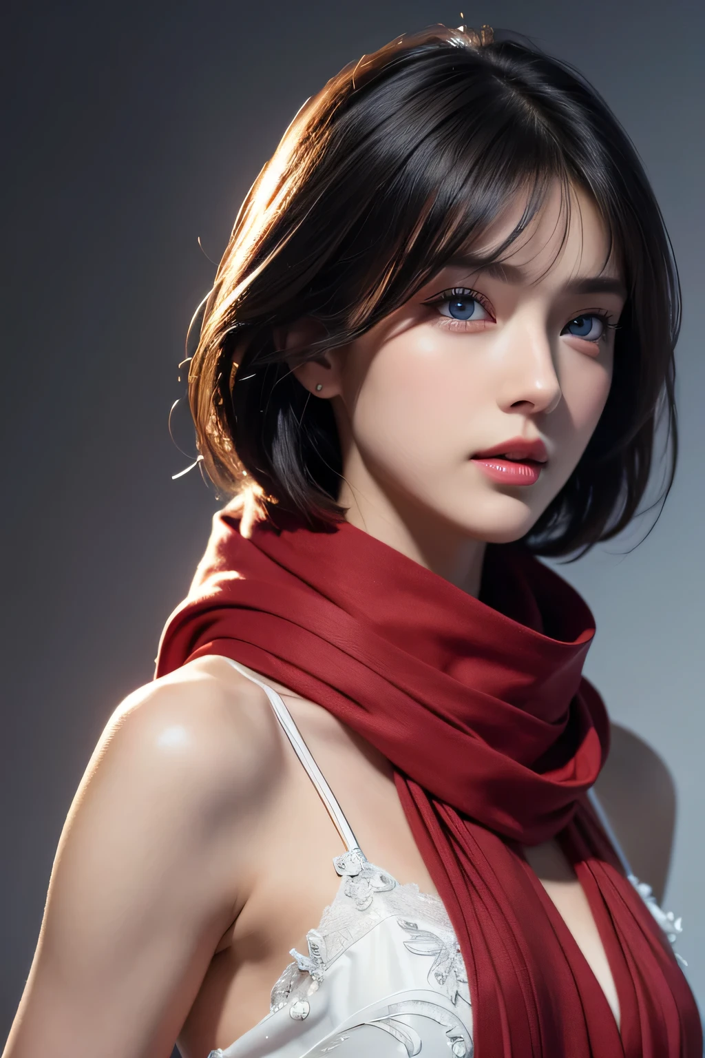 High-quality work，Realistic works，Super premium graphics，8K HD CG works，high quality graphics，High-definition and exquisite CG works，10x pixels，Ultra-fine details：1.1，Advanced technical details：1.1Realistic photo effects，Interior lighting effects：1.5，natural soft light：1.5. Light effect（Virtual light effects：1.8），ultra high resolution，shining dress，sliver long hair，silber hair，transparenthair，high detailed hair（Quality hair details：1.1）Clear eyes，Double eyelids look good，Sharp eye makeup, Create exquisite eyelash makeup, tthin eyebrows, Ultra-detailed eyes，a tall nose, lovely red lips, rosey cheeks, With delicate makeup on her face , pretty face, The face shape is perfectly proportioned,（Advanced facial details：1.1）8K, Top Quality, Intricate Details, Ultra Detail, Ultra High Resolution, Masterpiece, random angle, mikasa ackerman,   Slender, Smile, (Makeup: 0.4), (Fluffy Blue Eyes: 1.21), blue Eyes,, ((full body)), 1girl, solo, 1 girl, (( full body)),  close-up shot,  , , ((tall)), (((fit body))), (((slim face))), sharp face, sharp eyes, (((black hair,  short hair, bangs ))  ,(detailed face), sharp face, small lips, thin lips, 
 ((red scarf, crop top, thigh strap)),  detailed face, detailed breast, , large breast, detail, , Beautiful girl with accentuated slender abs: 1.4, Six Pack Abs: 1.4, Bust Botox, Big, Perfect Body, detail leg, (( moonlight)), ocean , Women's artwork，Dress full body video，Realism，Amazing Cleavage，My eyes are very bright today
