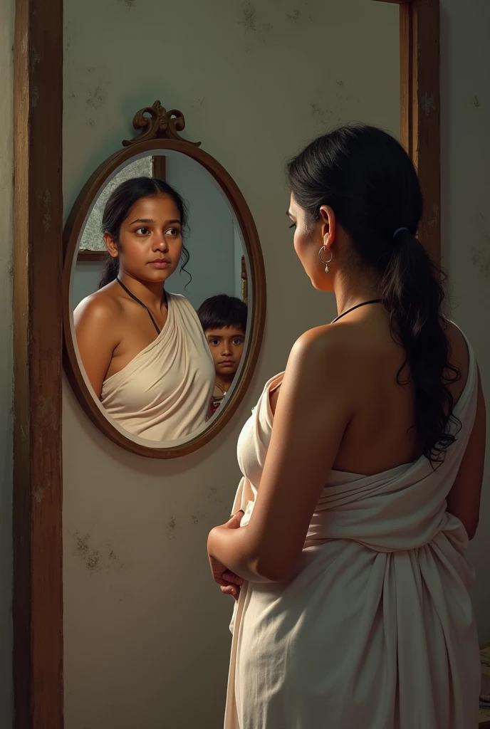 A 40 year old Indian chubby woman, who has a towel wrapped around her body after a shower, stands in front of a mirror and looks at herself in a round mirror after a shower, And an 1 Indian boy is watching the woman secretly  from behind the door of the room.