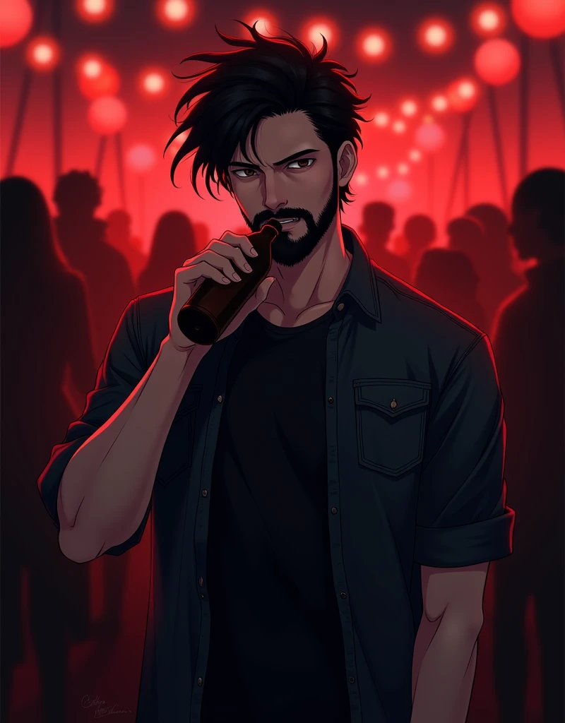 Create a anime style landscape image. Stylized anime style portrait photograph with a dark, moody aesthetic. The layout is vertical, focusing on a single male subject in the center. The man has medium-length, stylish hair that is black color. He has a light to medium skin tone and a thick stylish beard. He is wearing a dark denim shirt over a black t-shirt and is holding a bottle to his mouth, appearing to drink from it. The background is blurred with a reddish hue, featuring indistinct shapes and lights, possibly indicating a crowd or a festive environment. The overall color scheme is dominated by dark reds and blacks, giving the image a dramatic and intense feel.