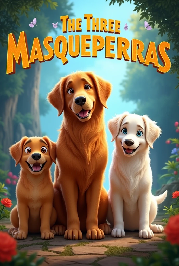 Disney DreamWorks-style movie poster, At the top is the title of the movie, which is The Three Masqueperras,  There are three golden retriever dogs named Hann, MEI and Rome, Hanna and Roma have brown hair and MEI has white hair., Roma es la mas big, big, MEI es más big que Hanna 