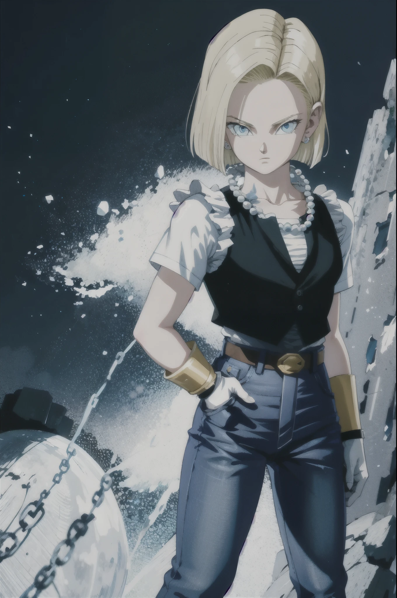 highest quality, High resolution, And 18, One girl, Android 18, alone, Blonde Hair, blue eyes, belt, jeans, Pearl_necklace, bracelet, Black gloves, White shirt, short hair, Short sleeve, Earrings, Blue pants, Open Vest, Black vest, , (Dark Background:1.3),Expressionless, (((With her right hand she is pushing her hair behind her ear.)))), (((The left hand is down))))