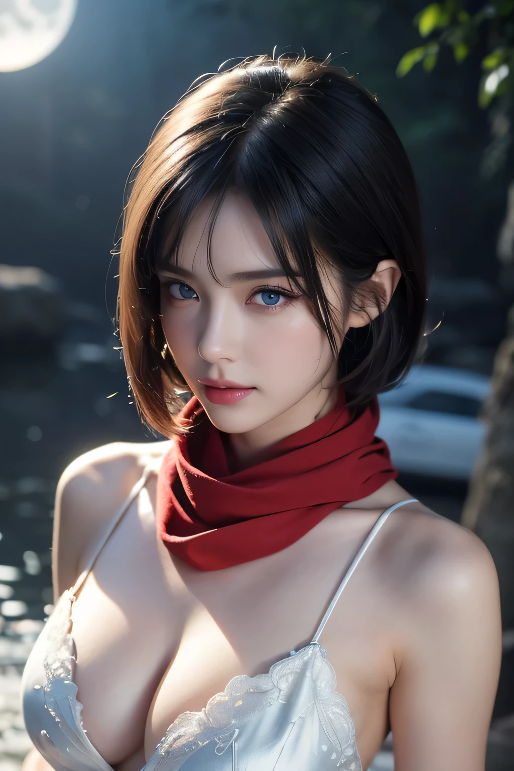 High-quality work,Realistic works,Super premium graphics,8K HD CG works,high quality graphics,High-definition and exquisite CG works,10x pixels,Ultra-fine details:1.1,Advanced technical details:1.1Realistic photo effects,Interior lighting effects:1.5,natural soft light:1.5. Light effect(Virtual light effects:1.8),ultra high resolution,shining dress,sliver long hair,silber hair,transparenthair,high detailed hair(Quality hair details:1.1)Clear eyes,Double eyelids look good,Sharp eye makeup, Create exquisite eyelash makeup, tthin eyebrows, Ultra-detailed eyes,a tall nose, lovely red lips, rosey cheeks, With delicate makeup on her face , pretty face, The face shape is perfectly proportioned,(Advanced facial details:1.1)8K, Top Quality, Intricate Details, Ultra Detail, Ultra High Resolution, Masterpiece, random angle, mikasa ackerman, Slender, Smile, (Makeup: 0.4), (Fluffy Blue Eyes: 1.21), blue Eyes,, ((full body)), 1girl, solo, 1 girl, (( full body)), close-up shot, , , ((tall)), (((fit body))), (((slim face))), sharp face, sharp eyes, (((black hair, short hair, bangs )) ,(detailed face), sharp face, small lips, thin lips,
((red scarf, crop top, thigh strap)), detailed face, detailed breast, , large breast, detail, , Beautiful girl with accentuated slender abs: 1.4, Six Pack Abs: 1.4, Bust Botox, Big, Perfect Body, detail leg, (( moonlight)), ocean , Women's artwork,Dress full body video,Realism,Amazing Cleavage,My eyes are very bright today