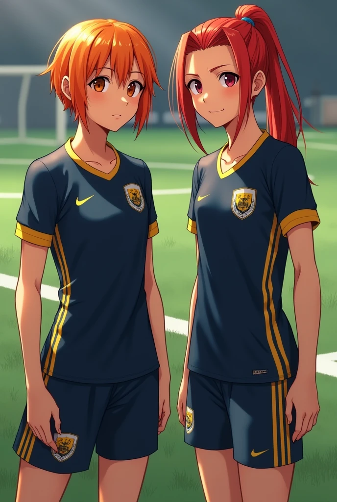Two young female soccer players, one with short orange hair, athletic and a serious attitude and the other with red hair and a ponytail, shy and small. They both wear a dark blue uniform with gold stripes..