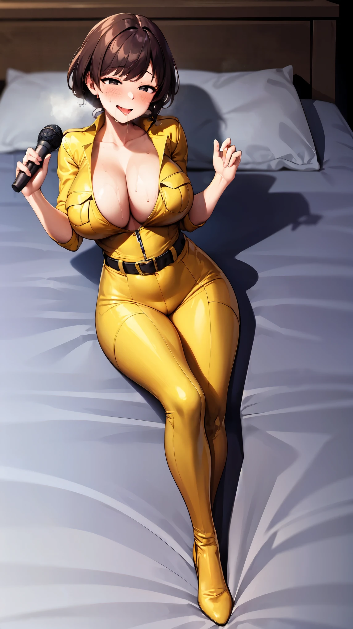 ((super high quality,Ultra-high resolution,16K,super masterpiece,Ultra HD ,Detailed shading,))Full body photo,Dark Room,Lying on the bed, woman,Clealow jumpsuit,White belt at waist,popped Tight collar,sexly,smile,gao,blush,Sweaty,Drooling,holding a pink microphone,Love juice overflows from the crotch,
