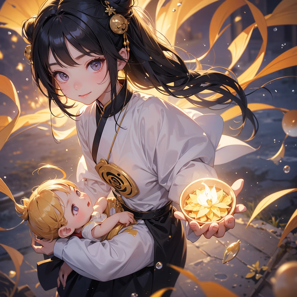 A chibi child girl had a small face and Wearing a little Taoist priest's outfit. A pair of big round eyes shone with curiosity about him. This child was so cute! , Burning joss paper and gold paper for the departed spirits in front of the house, raindrops are falling down, her hair is black with two buns on her hair.small chibi, chibi baby, smiling.

The little chibi baby looked up with his chest raised, and his face was old and proud.
 
