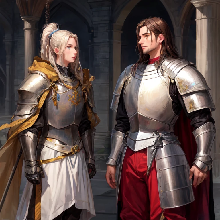 Handsome tall and strong man in knight armor with long black-brown hair and blue eyes against the background of a knight&#39;s camp in a field near the forest masterpiece high details UHD super detail accurate best quality
