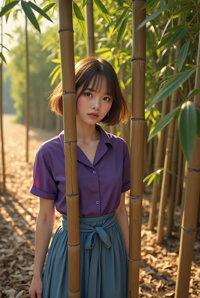 a beautiful  girl standing between bamboo in a bamboo forest, detailed her face, portrait, 1 girl, ((short hair, bob cut and brown hair)),(purple eyes),((purple shirt, blue skirt)), photorealistic, (best quality,4k,8k,highres,masterpiece:1.2),ultra-detailed,(realistic,photorealistic,photo-realistic:1.37),HDR,UHD,studio lighting,extreme detail description,professional,vivid colors,landscape,green,natural lighting