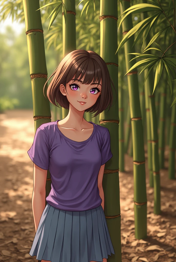 a beautiful girl standing between bamboo in a bamboo forest, detailed her face, portrait, 1 girl, ((short hair, bob cut and brown hair)),(purple eyes),((purple shirt, blue skirt)), photorealistic, (best quality,4k,8k,highres,masterpiece:1.2),ultra-detailed,(realistic,photorealistic,photo-realistic:1.37),HDR,UHD,studio lighting,extreme detail description,professional,vivid colors,landscape,green,natural lighting