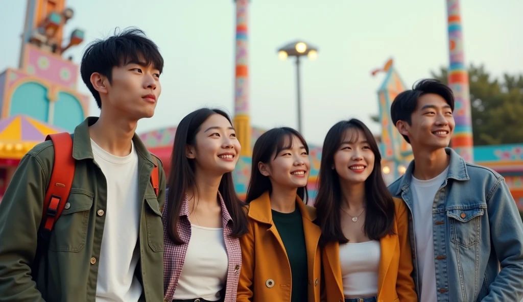 Two Japanese male and three female university students dressed in fashionable clothes are looking into the distance with cheerful expressions at an amusement park,Excited, Photo of your face, Amusement park in the background, with a natural look, With a slightly tired look, tilt your face a little, Diagonal orientation, Average face