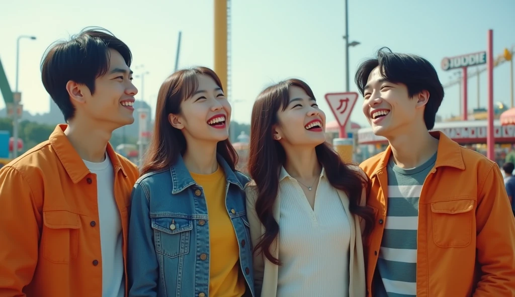 Two Japanese male and three female university students dressed in fashionable clothes are looking into the distance with cheerful expressions at an amusement park,Excited, Photo of your face, Amusement park in the background, with a natural look, With a slightly tired look, tilt your face a little, Diagonal orientation, Average face