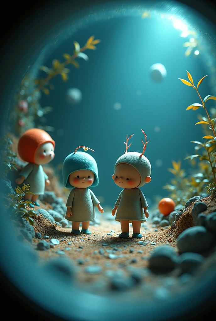 Images captured under an electron microscope show chibi characters trying to convey something, round cropped image, conceptual installation art, (ultra detailed, absolutely resolution, best quality:1.3), 2.5D, delicate and dynamic effects, artistic, hyper, graphic CG digital fantasy art