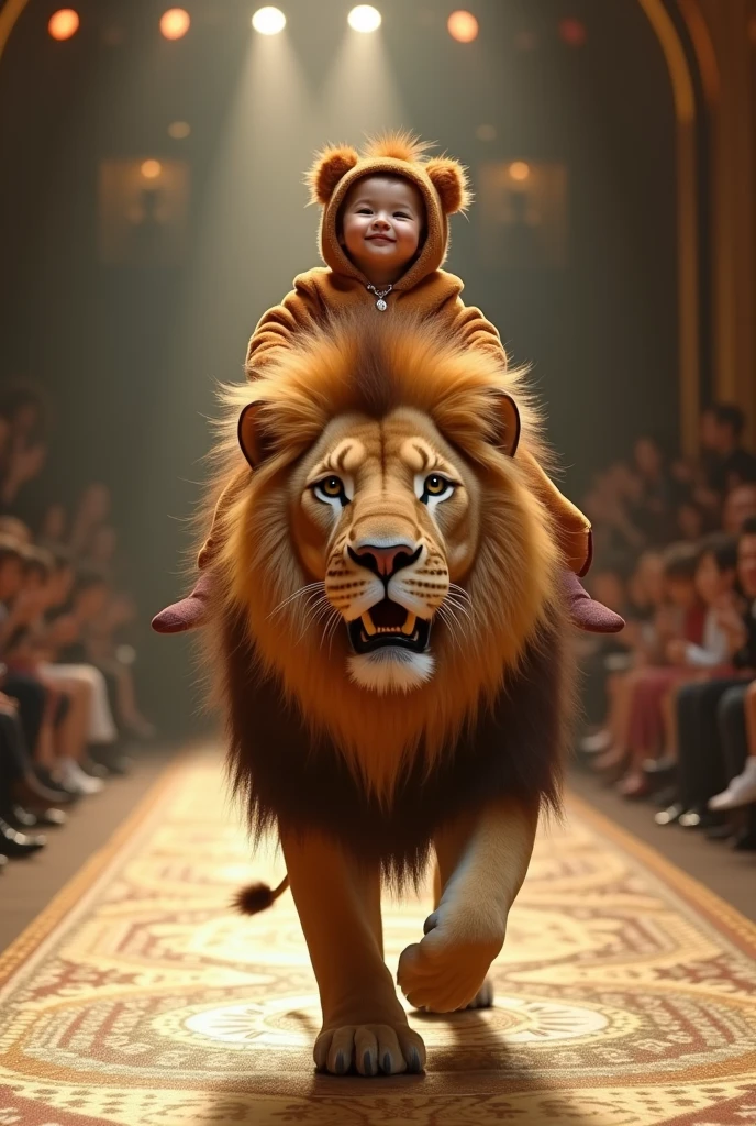 a with a happy face dressed as a lion is riding a real lion on the catwalk model, ultra realistic