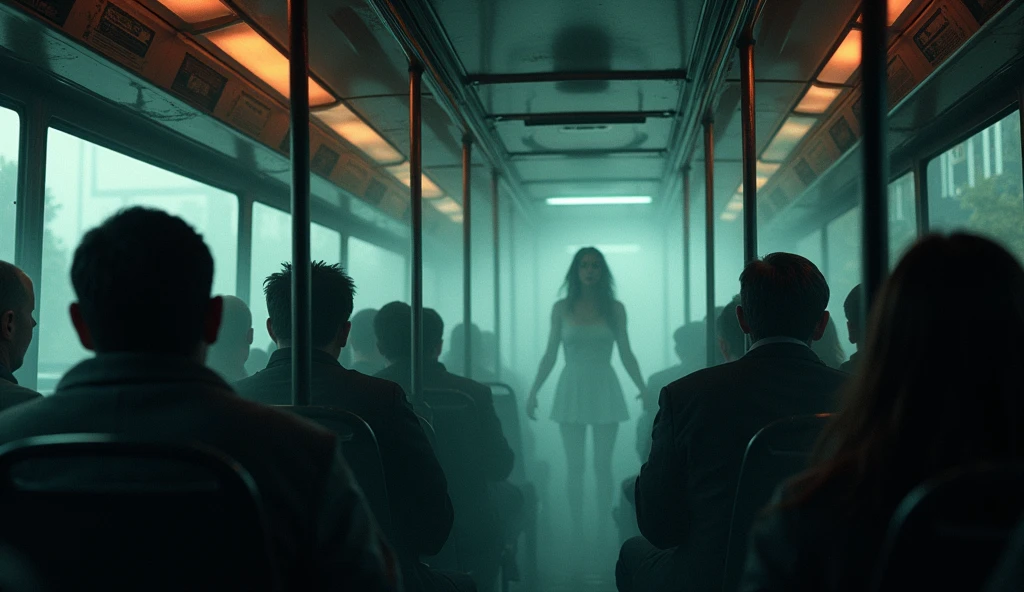 Bus Jolting to Life:** A close-up of a bus’s interior during a sudden jolt, with lights flickering and the ghostly figure of the woman becoming faint. The passengers look surprised or alarmed.