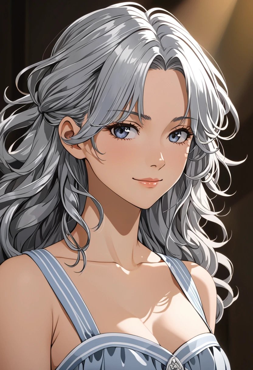 (masterpiece), (high resolution, 8k), (high detailed), women, lean body, (long waist length wavy messy hair(silver colored)), beautiful face, (close mouth:1.2), tired smile, 2000 era outfit, anime style, unaestheticXL_bp5, SimplePositiveXLv2