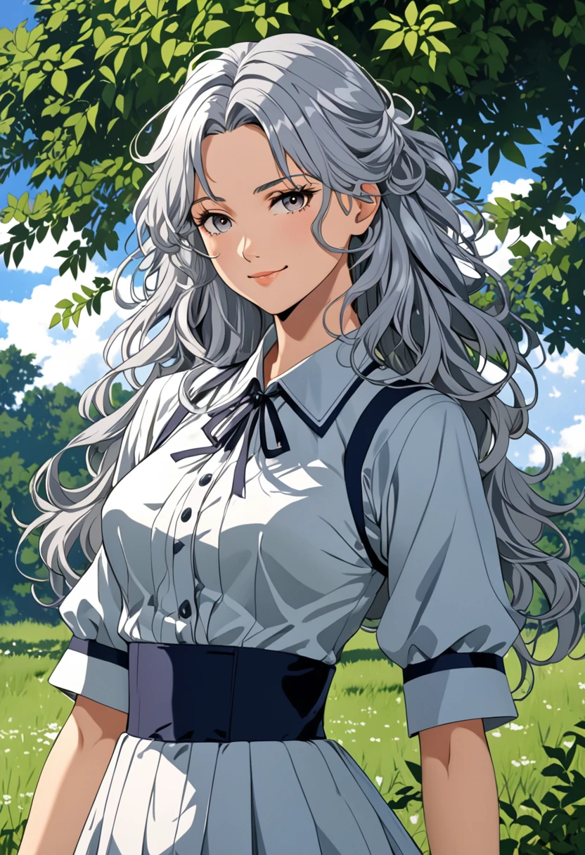 (masterpiece), (high resolution, 8k), (high detailed), women, lean body, (long waist length wavy messy hair(silver colored)), beautiful face, (close mouth:1.2), tired smile, 2000 era outfit, anime style, unaestheticXL_bp5, SimplePositiveXLv2